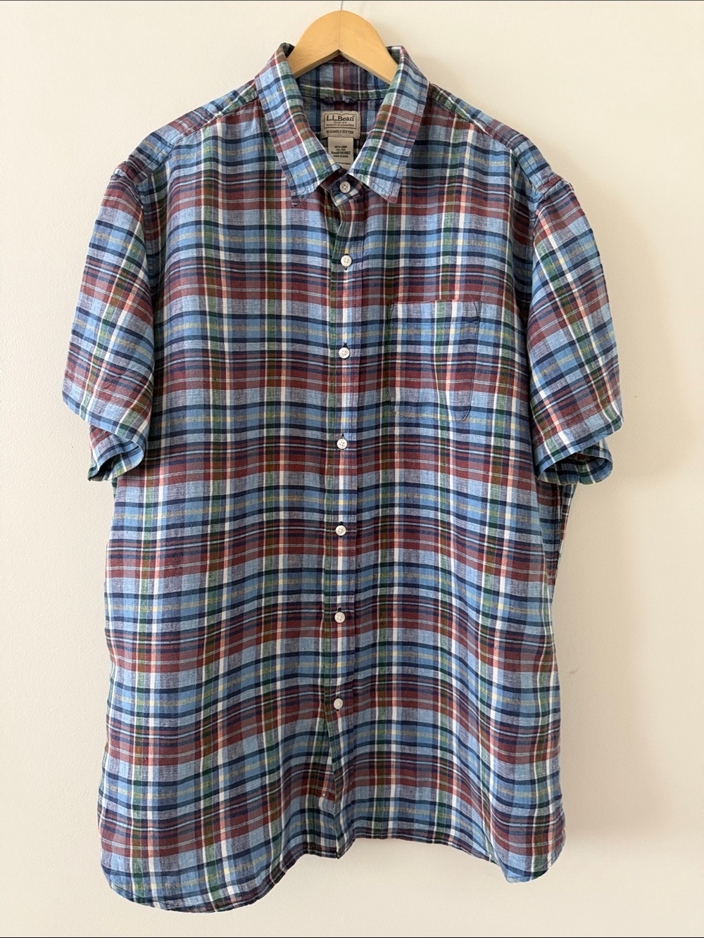 L.L.Bean 100% Linen Plaid‎ Short Sleeve Button-Down Shirt – Men’s XXL Regular